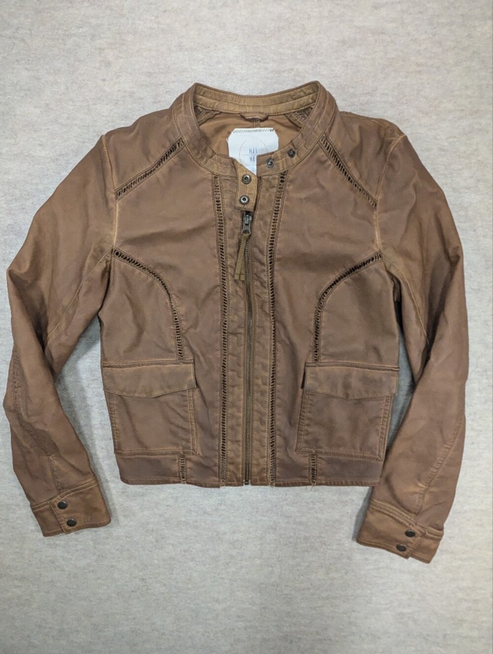 Anthropologie Hei Hei Brown Faux Leather Jacket Crochet Details Bomber Medium